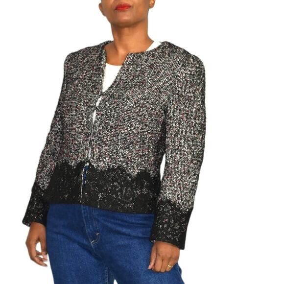 Karen Millen Tweed Jacket Lace Trim Suit Blazer Black Classic Textured Size 10 - Picture 11 of 15